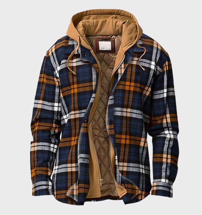 Warm geruit flanellen herenjack met capuchon en ritssluiting, ideaal voor casual comfort in herfst en winter.