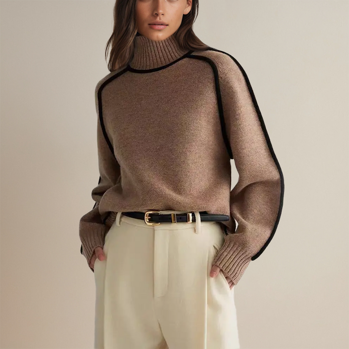 Basic dames trui met zachte stof, hoge nek en wijde mouwen; perfect voor dagelijks comfort.