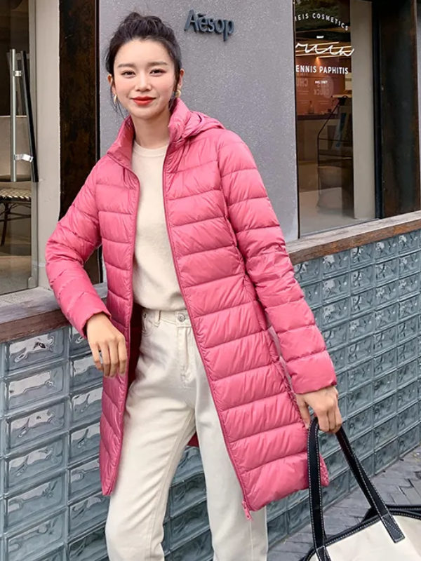 Lange gewatteerde winterjas Daisy in khaki voor dames, stijlvol en comfortabel tegen de kou.
