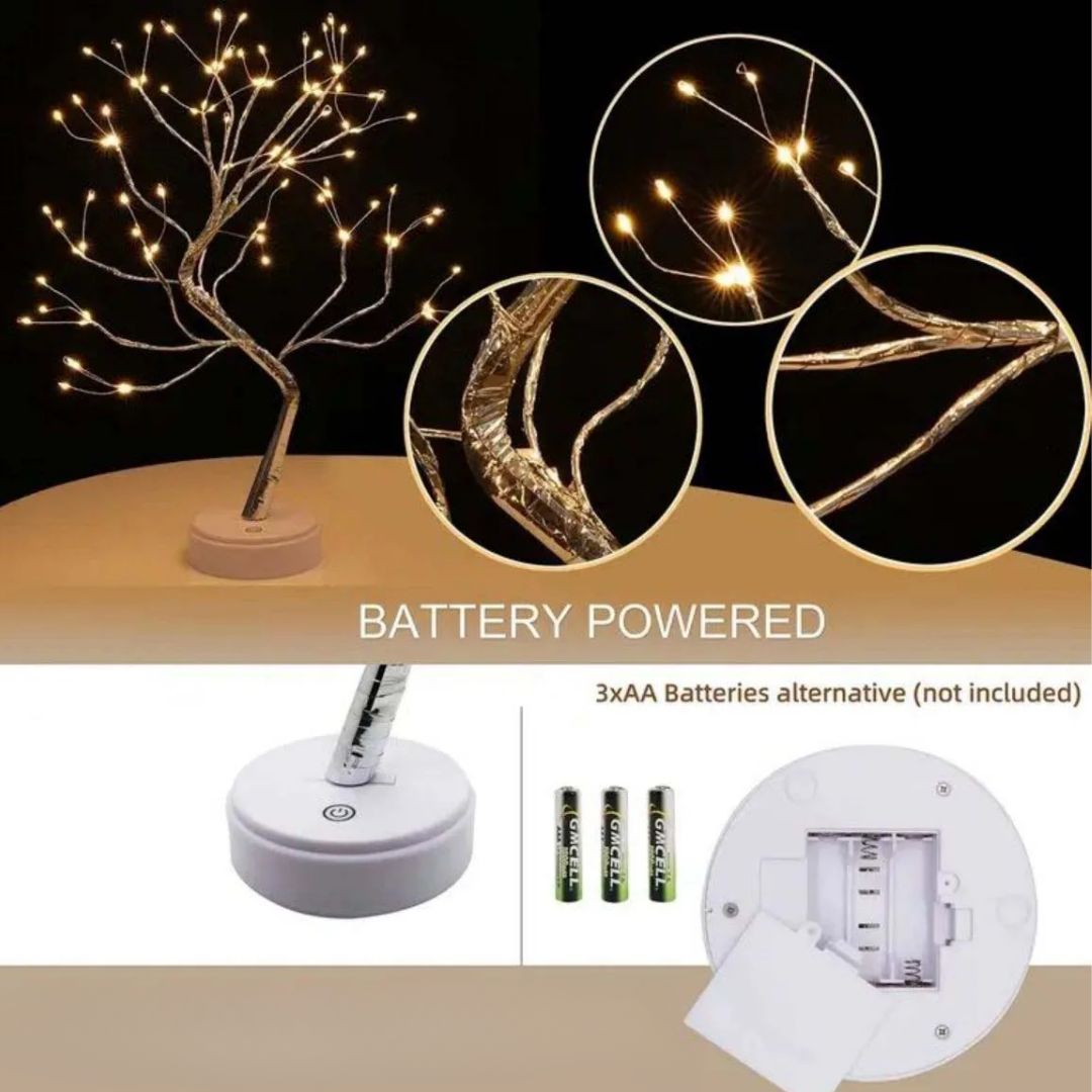 Sfeervolle LED-boomlamp van koper, ideaal als decoratie of uniek cadeau met sterrenlicht.