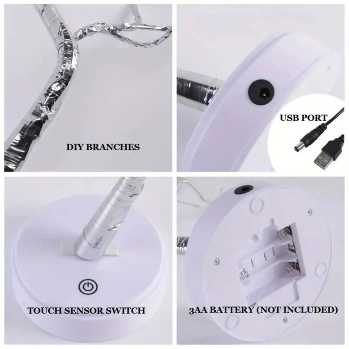 Detail van de koperen takken van de Stella boomlamp, verlicht met kleine LED-sterren voor een magische sfeer.