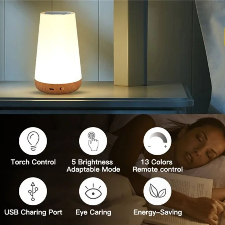Modern kleurenwisselend nachtlampje, USB-oplaadbaar en dimbaar. Perfecte sfeerverlichting met afstandsbediening.