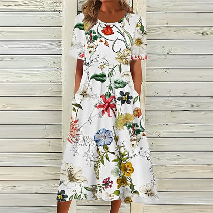 "Dames A-lijn midi jurk met bloemenprint en zakken, elegante stijl geschikt voor dagelijks en formeel gebruik."