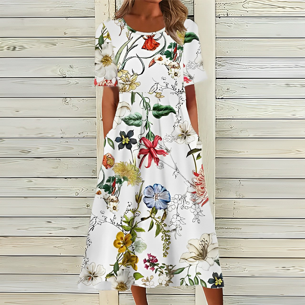 "Dames A-lijn midi jurk met bloemenprint en zakken, elegante stijl geschikt voor dagelijks en formeel gebruik."