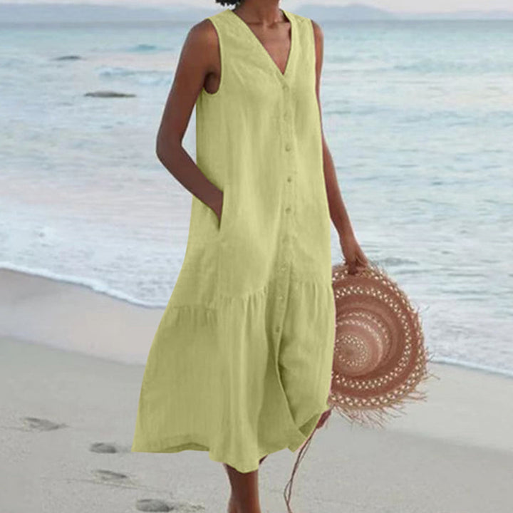 Lichte en comfortabele dames A-lijn midi-jurk met knopen, perfect voor lente en zomer. Veelzijdig en elegant.