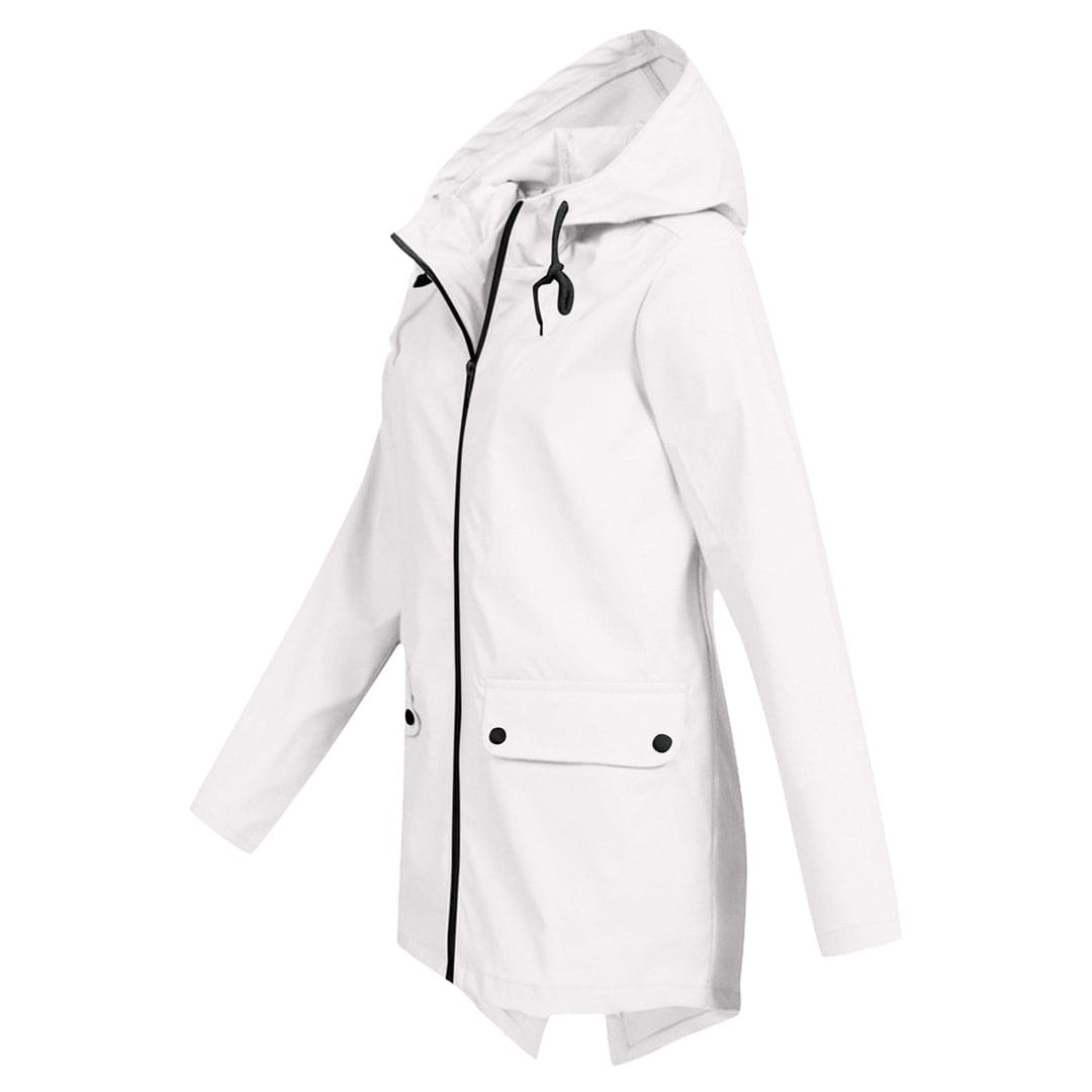 Praktische zakken en rits van de dames anorak jas met capuchon, halflange lente/herfst mantel.