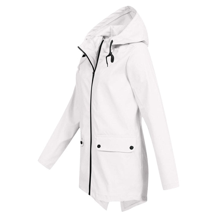 Praktische zakken en rits van de dames anorak jas met capuchon, halflange lente/herfst mantel.