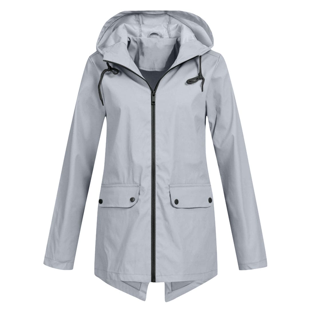 Achteraanzicht van de veelzijdige dames anorak jas met capuchon, comfortabele halflange pasvorm.