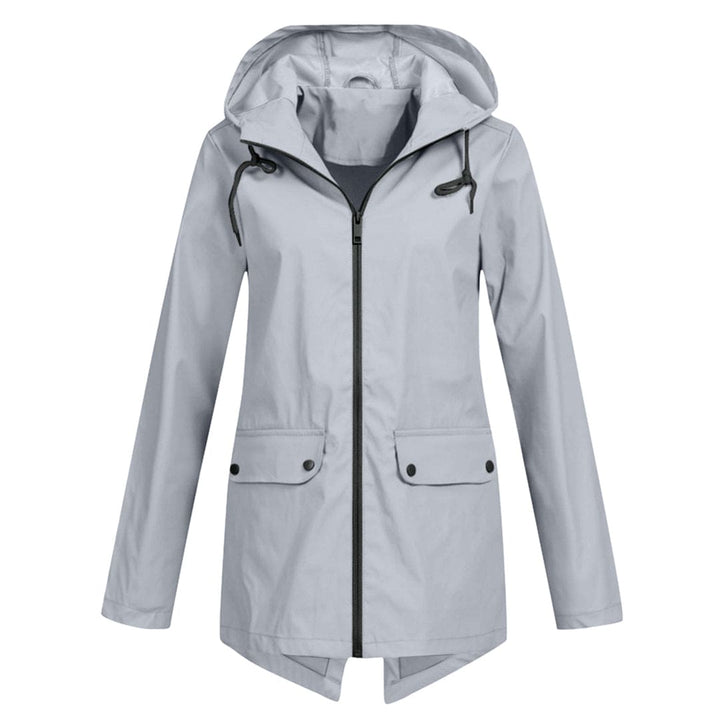 Achteraanzicht van de veelzijdige dames anorak jas met capuchon, comfortabele halflange pasvorm.