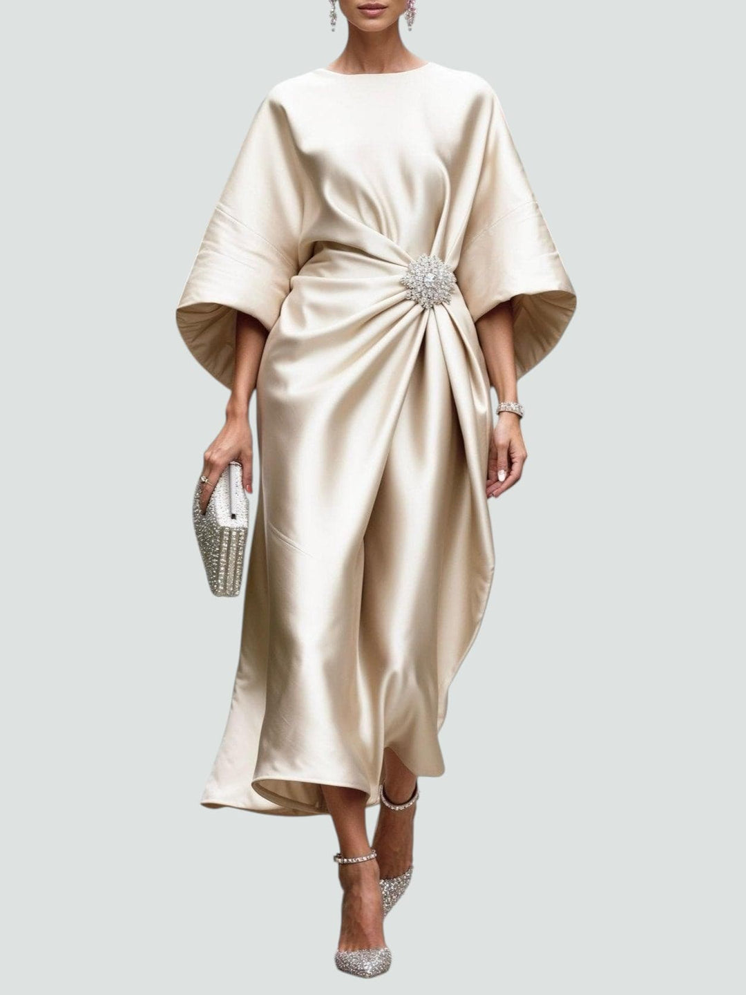 Roze elegante midi jurk voor dames, voorzien van vleermuismouwen en een verfijnde broche, geschikt als feestjurk.
