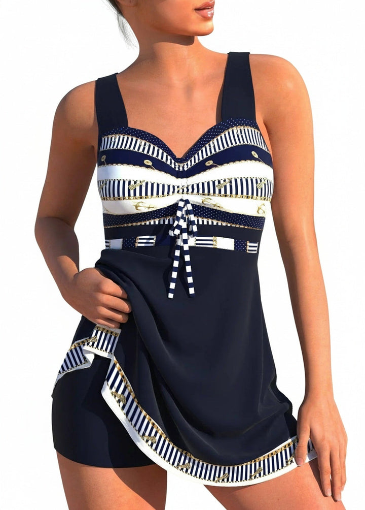 Elegant dames badpak met rokje, V-hals en stijlvol strikdetail, ideaal voor strand en zwembad deze zomer.