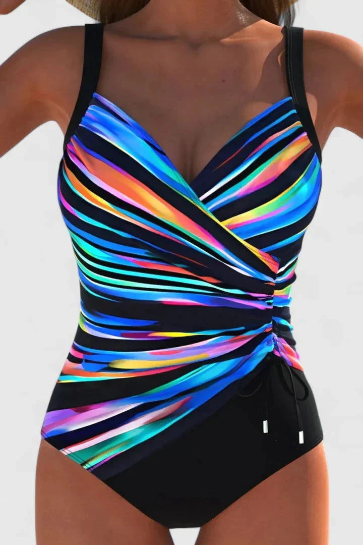 Comfortabel dames badpak, perfect voor strand of zwembad, met elegante V-hals en verstelbare koorden.