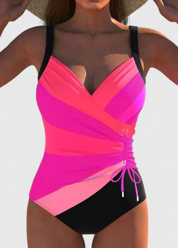 Trendy dames zwemkleding: eenstuks badpak met verstelbare zijkoorden en elegante V-hals wrap-top.