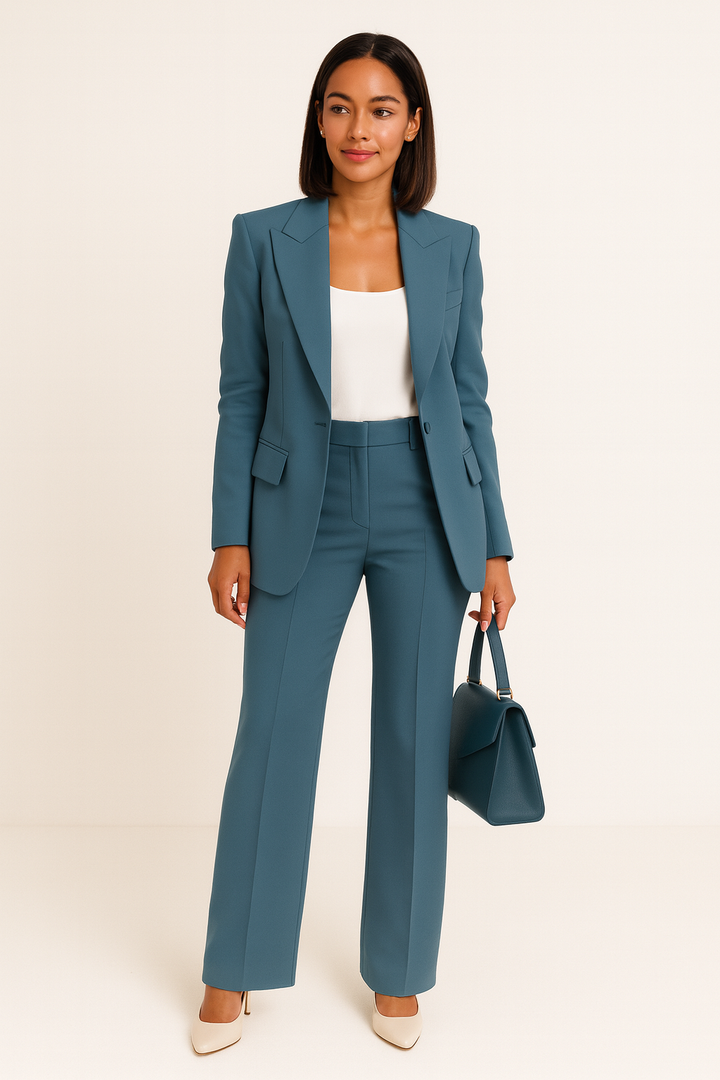 Trendy beige dames broekpak met hoge taille wide leg broek en klassieke blazer. Comfortabele en chique set.
