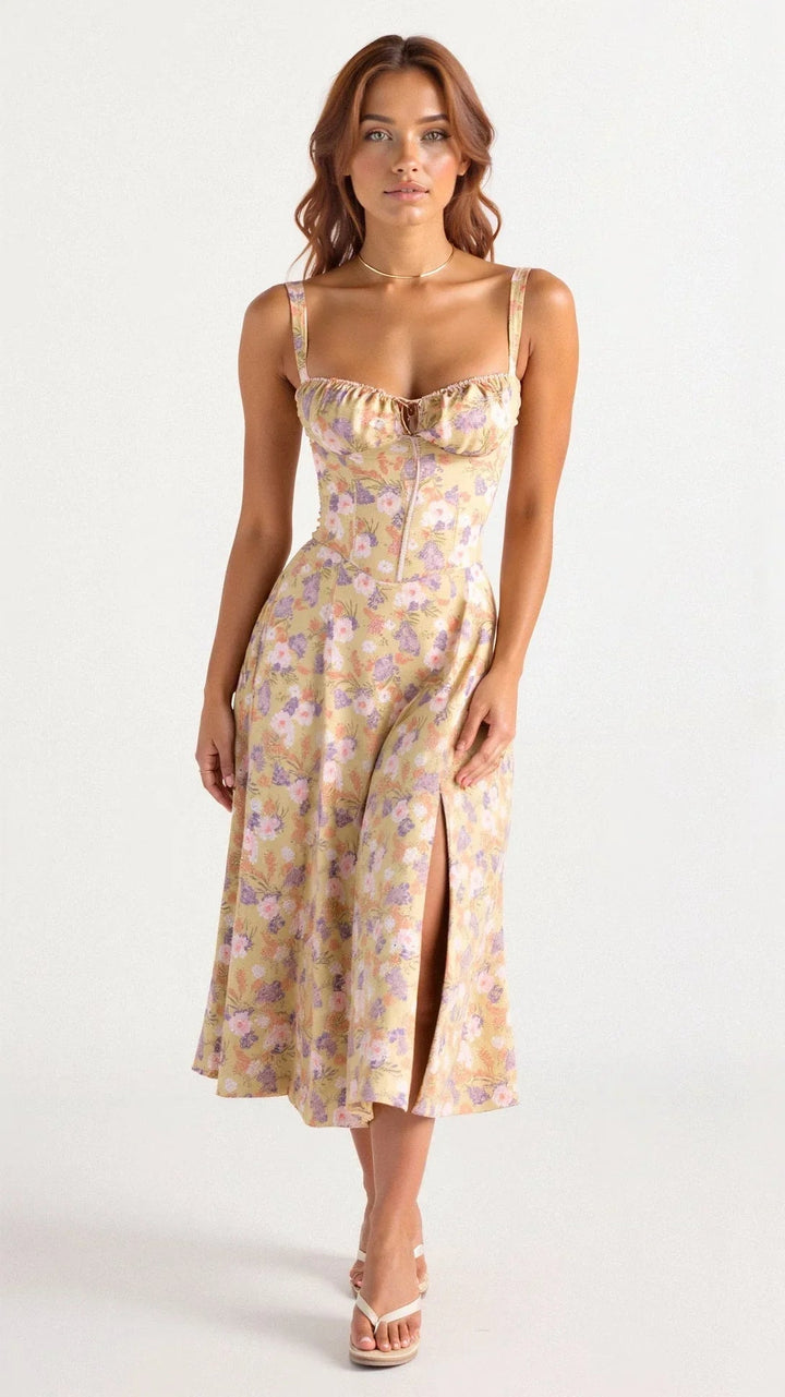 Trendy damesjurk, A-lijn midi met bloemen en sweetheart halslijn, perfect als strandjurk.