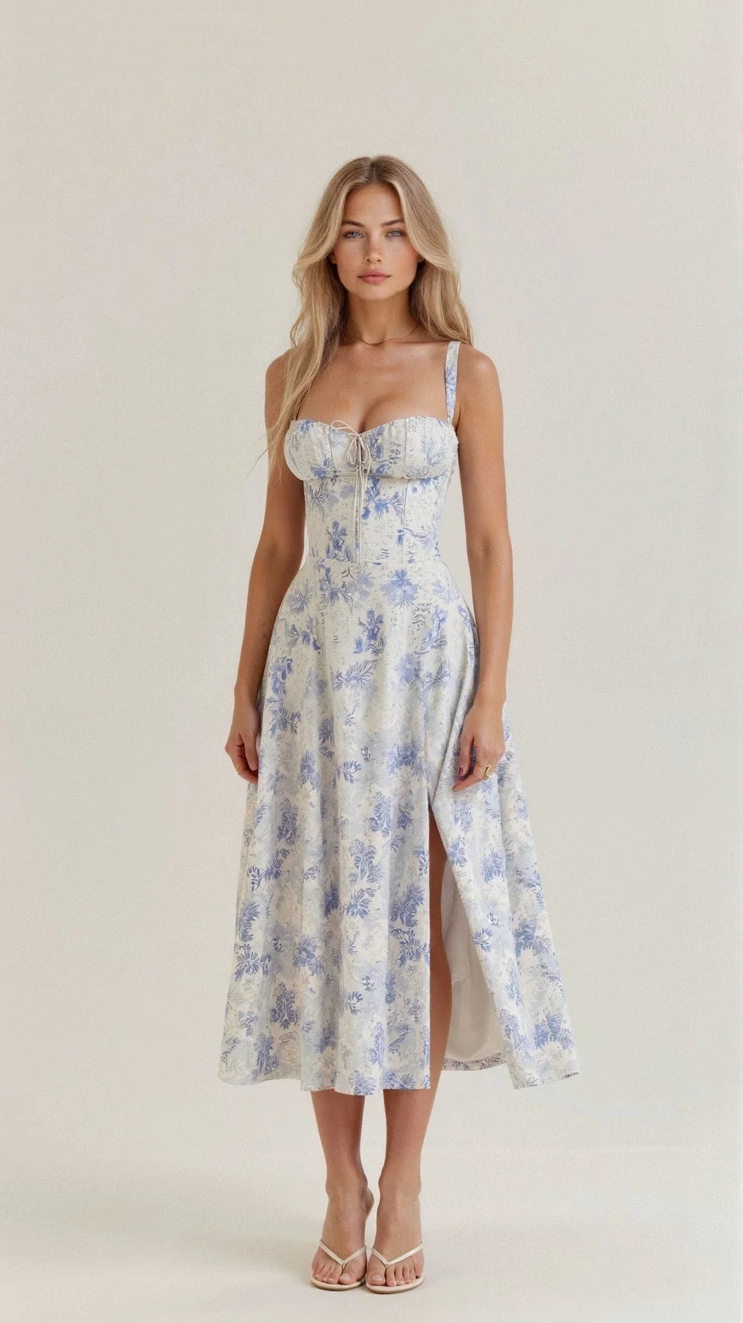 Elegante dames A-lijn midijurk met bloemenprint, ideaal voor een stijlvolle zomerse look.