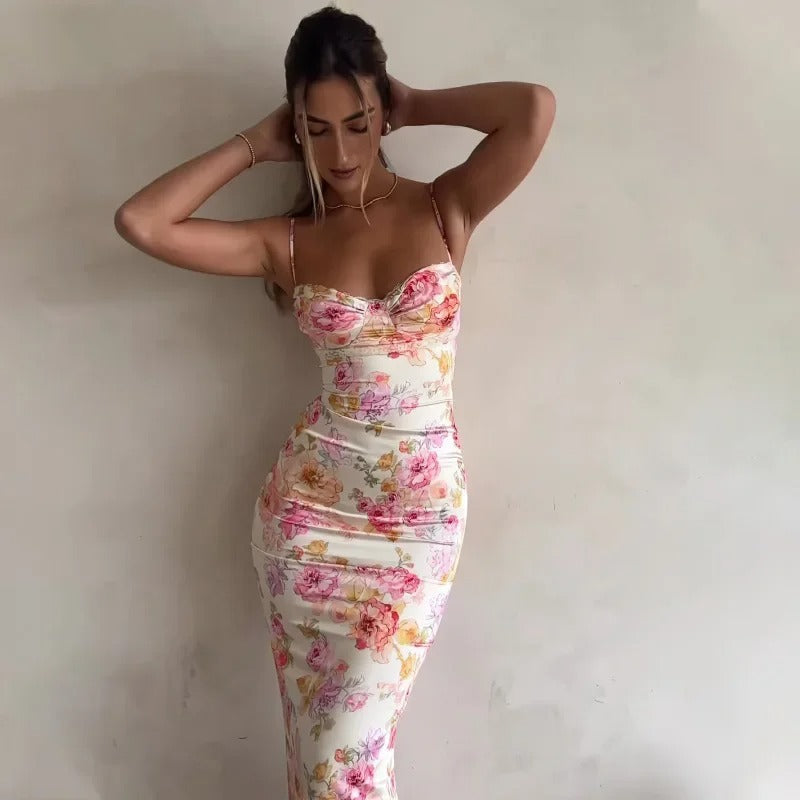 Elegante dames bloemen bodycon midijurk, ideaal voor lentemode, zomermode of als feestjurk.