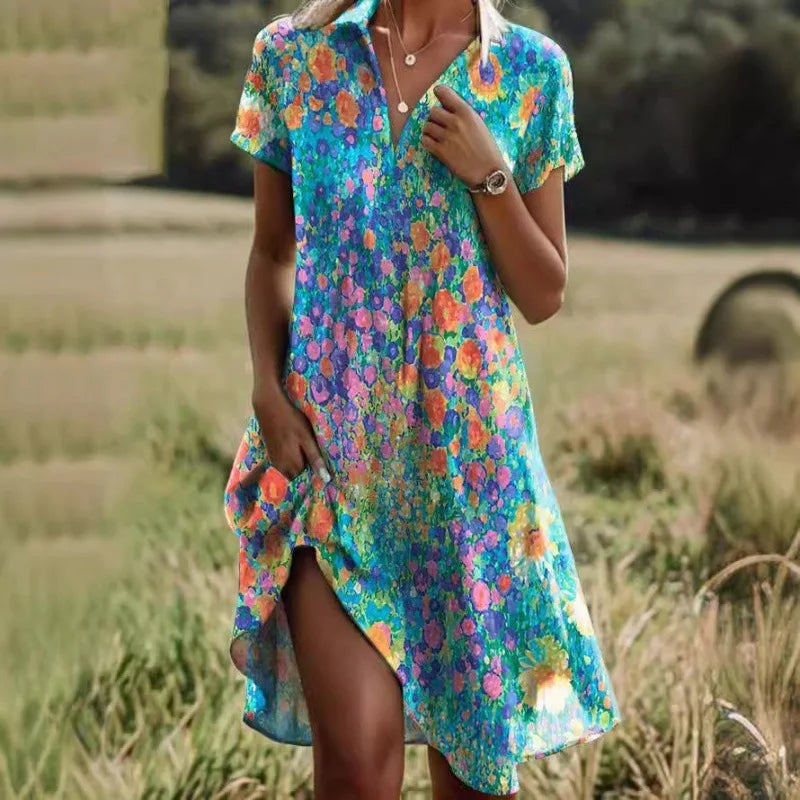 Dames elegante bloemen overhemdjurk, mini design. Geschikt voor een casual zomerlook.