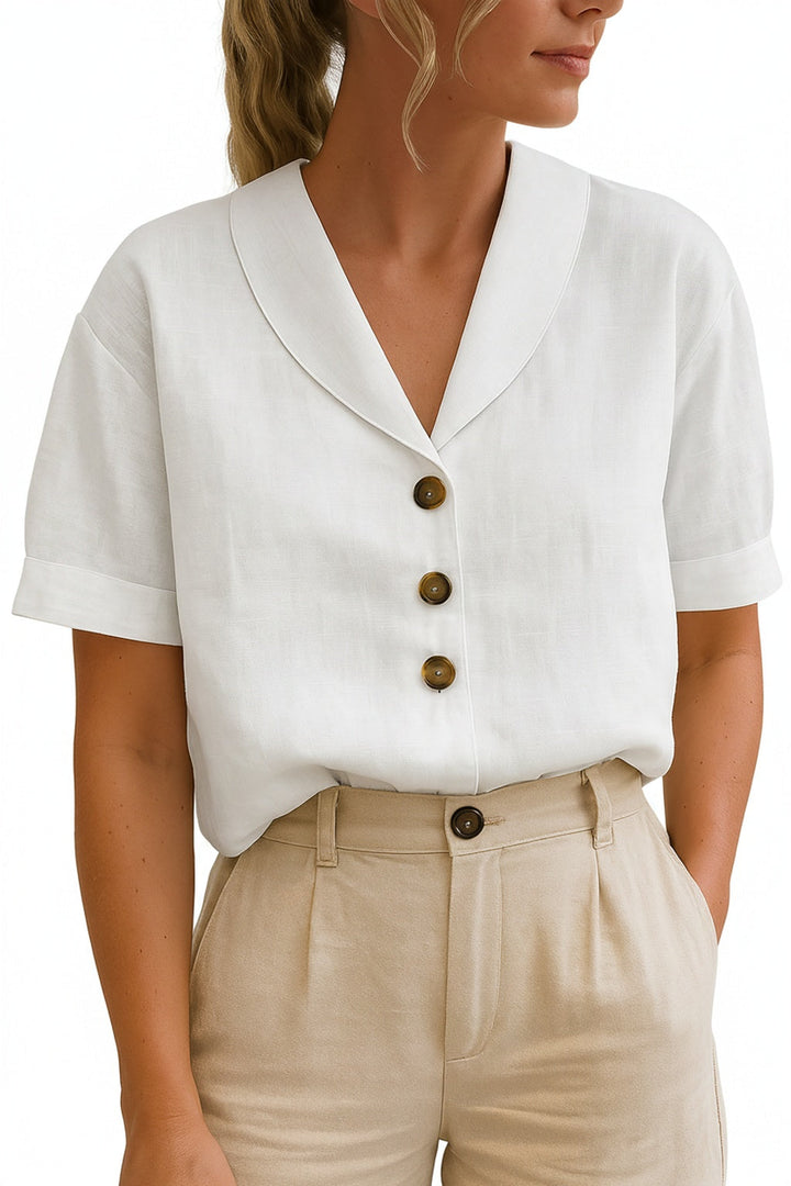 Damesblouse met korte mouw, sjaalkraag en knoopsluiting. Elegant en casual voor vrouwenmode.