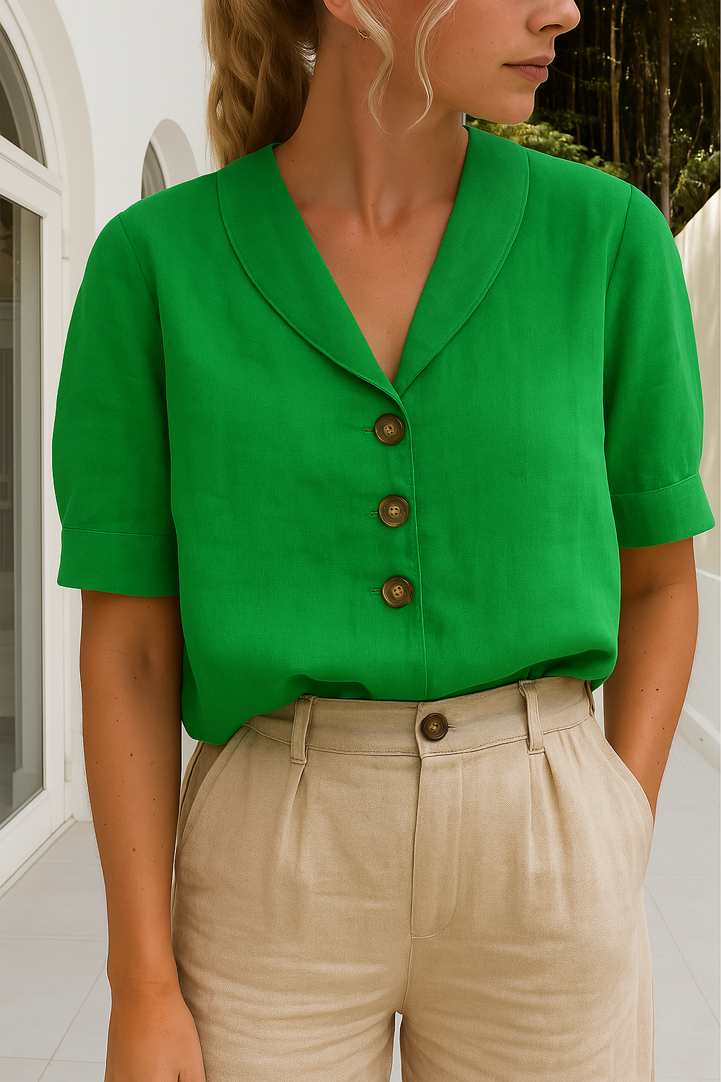 Regular fit damesblouse, korte mouw, sjaalkraag en knoopsluiting. Comfortabele casual vrouwenmode.