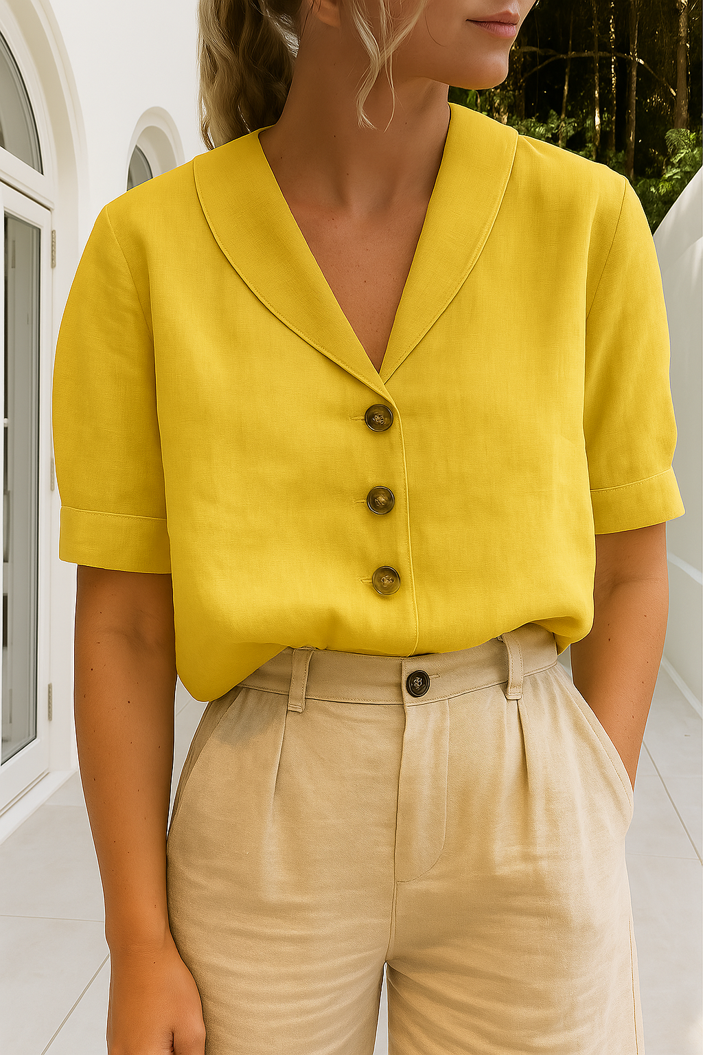 Modieuze damesblouse met korte mouw, sjaalkraag en knoopsluiting. Stijlvolle zomerkleding voor vrouwen.