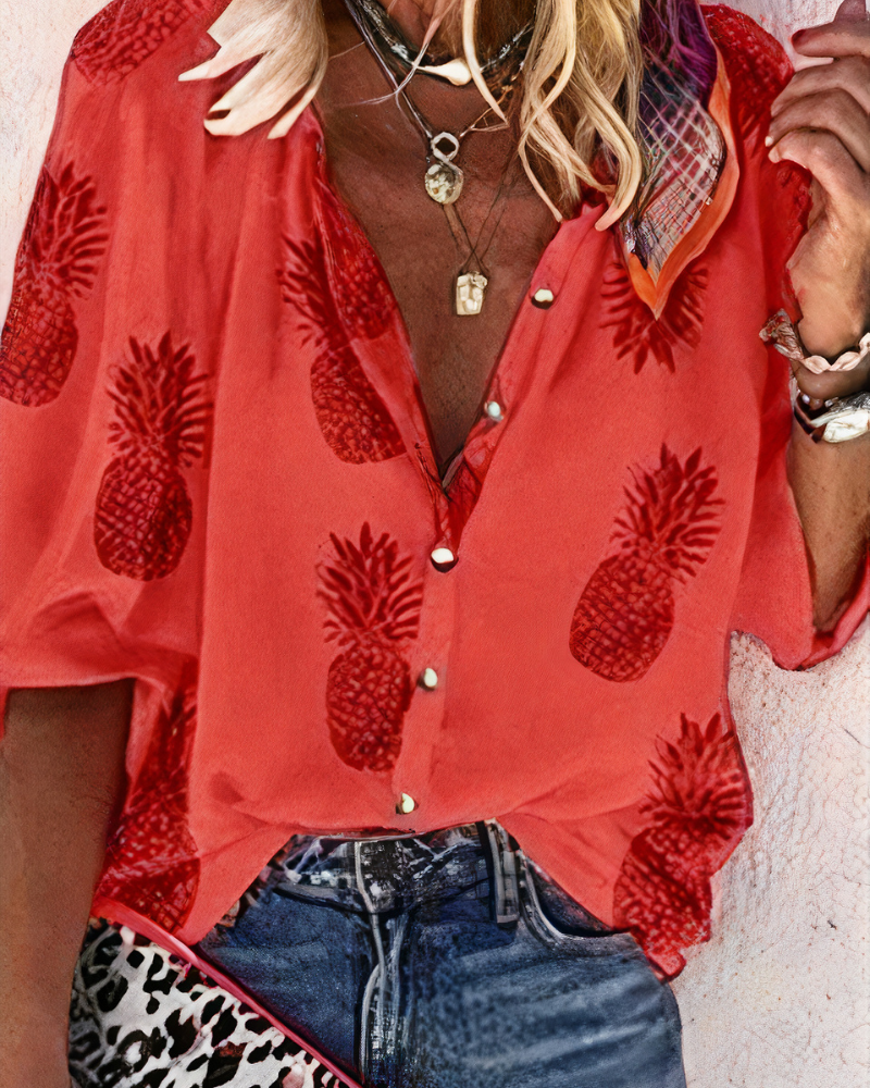 Elegante V-hals van trendy dames blouse met lange mouw en bloemenprint; ideaal voor zomer.