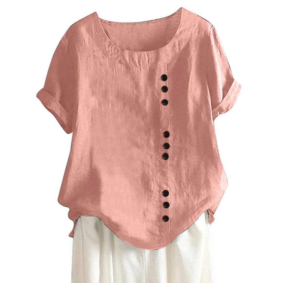 Dames blouse met asymmetrische knoopsluiting en korte mouwen. Ideaal als zomer top of casual blouse.