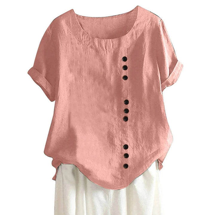 Dames blouse met asymmetrische knoopsluiting en korte mouwen. Ideaal als zomer top of casual blouse.