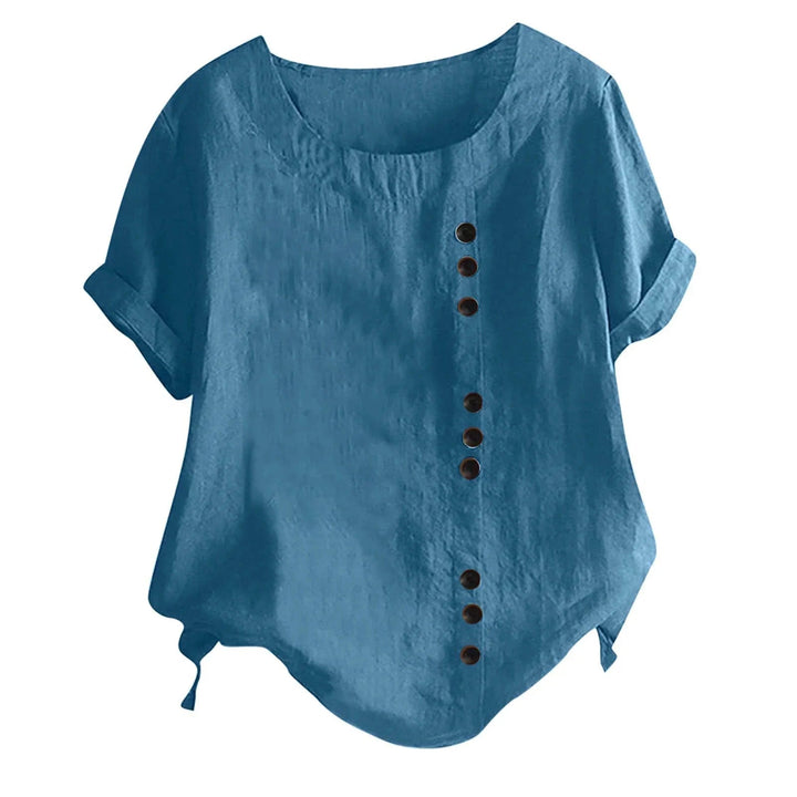 Moderne dames blouse met unieke asymmetrische knoopsluiting. Elegante top met korte mouwen voor elke gelegenheid.