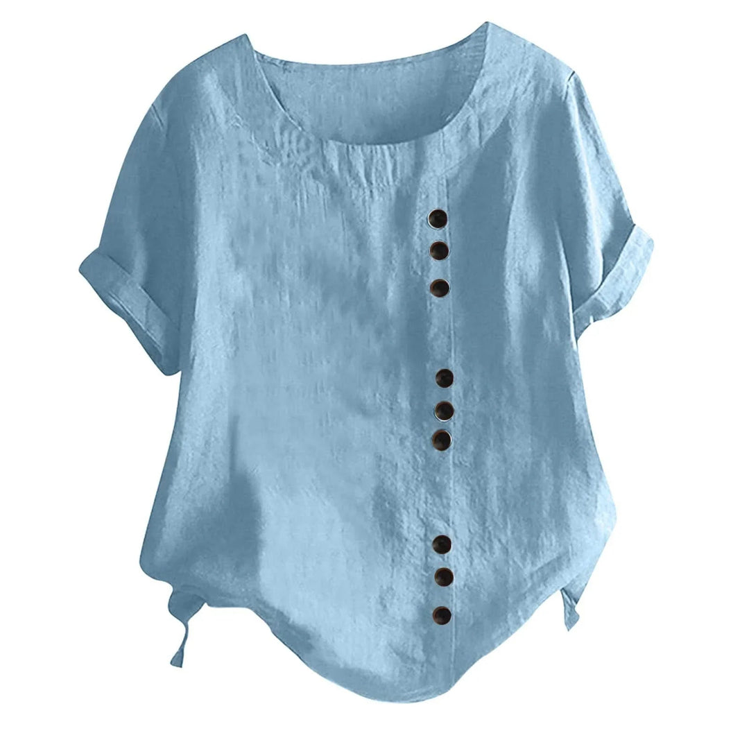 Zomerse dames blouse, asymmetrisch design met knoopsluiting. Comfortabele en stijlvolle top met korte mouwen.