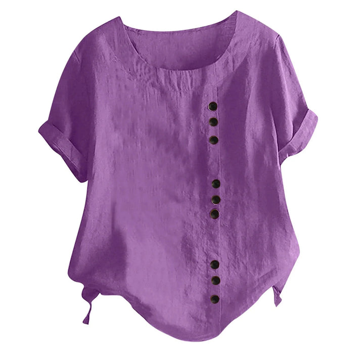 Elegante dames blouse met asymmetrische knoopsluiting en korte mouwen. Veelzijdige zomer top voor casual of chique.