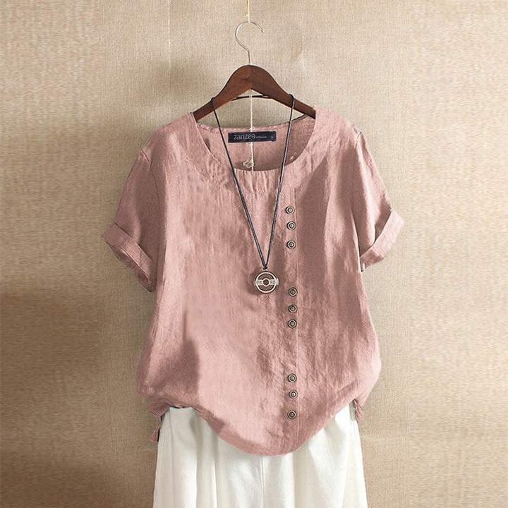 Casual elegante dames top met korte mouwen en unieke asymmetrische knoopsluiting; veelzijdig.
