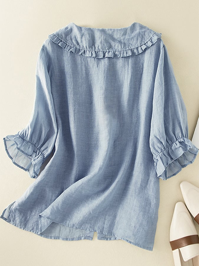Casual chic dames blouse met 3/4 mouw, losvallende pasvorm en elegante rucheskraag, geschikt voor elke gelegenheid.