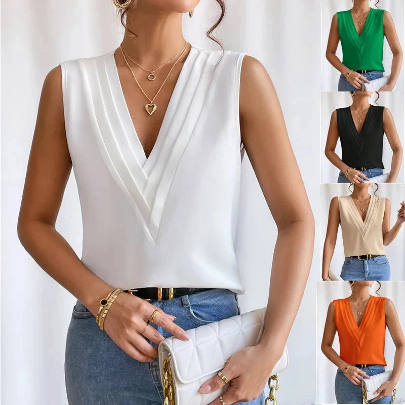 Modieuze V-hals blouse, dames mouwloos, ideaal voor zowel casual als zakelijk.
