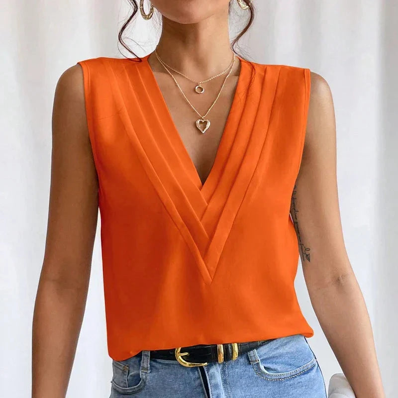 Veelzijdige dames V-hals blouse, mouwloos, perfect voor elke gelegenheid. Modieus.