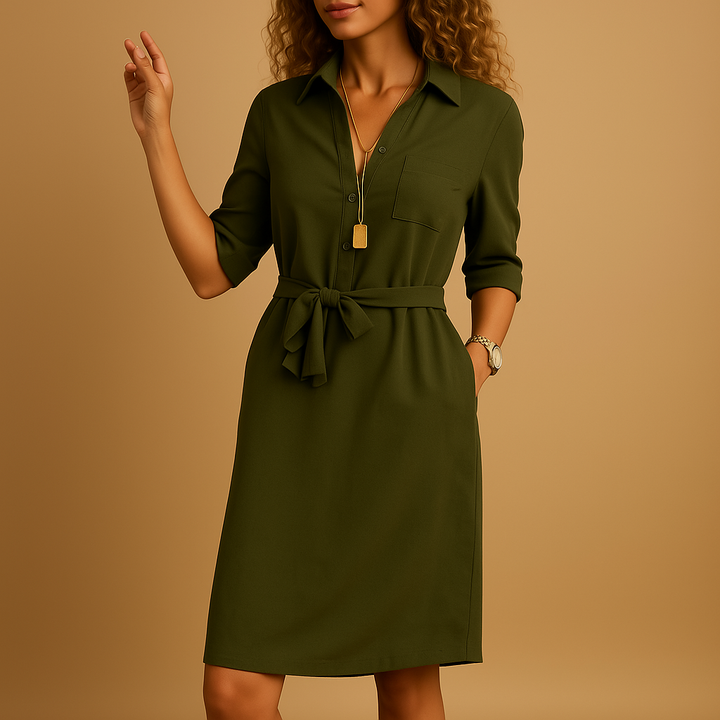 Stijlvolle dames midijurk met hemdkraag en driekwart mouwen, geaccentueerd met een strikceintuur. Ideaal voor werk.