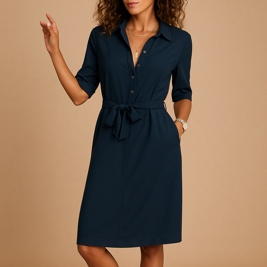 Moderne dames midijurk met hemdkraag, driekwart mouw en taille-accentuerende strikceintuur. Stijlvol en elegant.