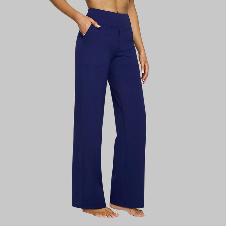 Zachte stof damesbroek met wijde pijpen en hoge taille, voor een comfortabele en stijlvolle outfit.