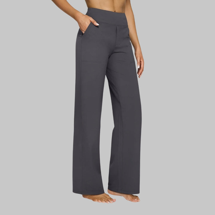 Modieuze damesbroek met wijde pijpen, hoge taille en een comfortabele elastische tailleband.