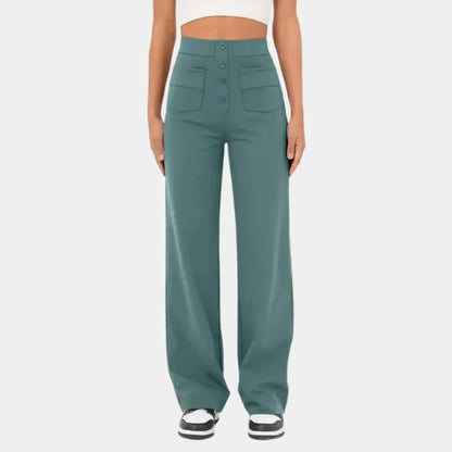 "Dames broek met hoge taille, rechte pijpen en stijlvolle pasvorm, ideaal voor casual of semi-formele looks."