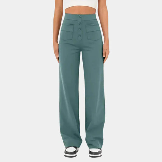 "Dames broek met hoge taille, rechte pijpen en stijlvolle pasvorm, ideaal voor casual of semi-formele looks."