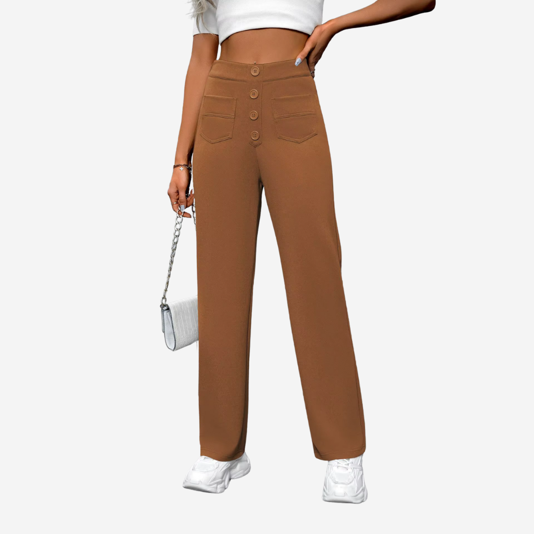 "Dames broek met hoge taille, rechte pijpen en stijlvolle pasvorm, ideaal voor casual of semi-formele looks."