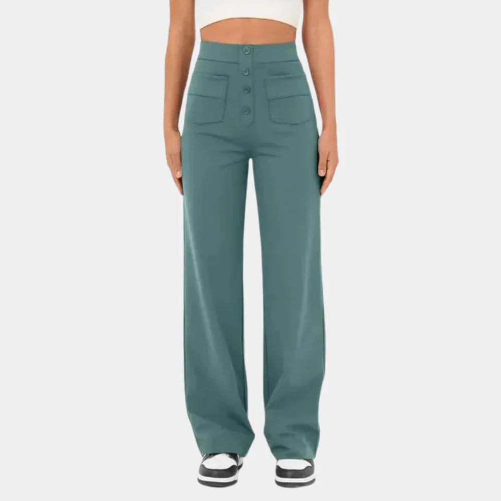 "Dames broek met hoge taille, rechte pijpen en stijlvolle pasvorm, ideaal voor casual of semi-formele looks."