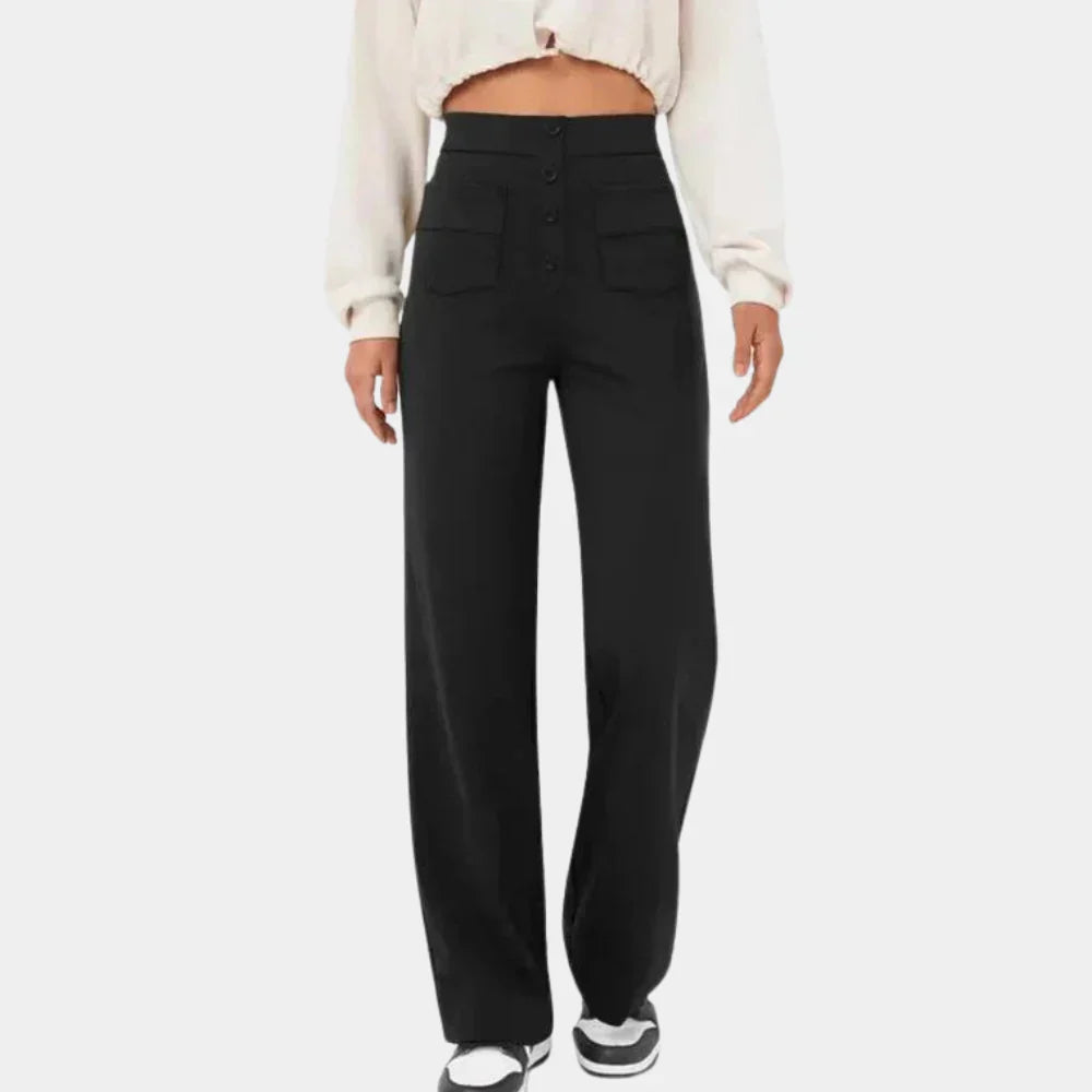 "Dames broek met hoge taille, rechte pijpen en stijlvolle pasvorm, ideaal voor casual of semi-formele looks."
