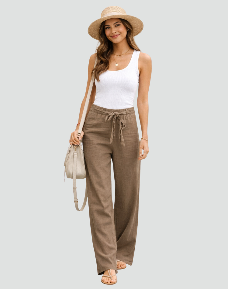 Stijlvolle dames comfortbroek met wijde pijpen en elastische taille, ideaal voor zomerse dagen.