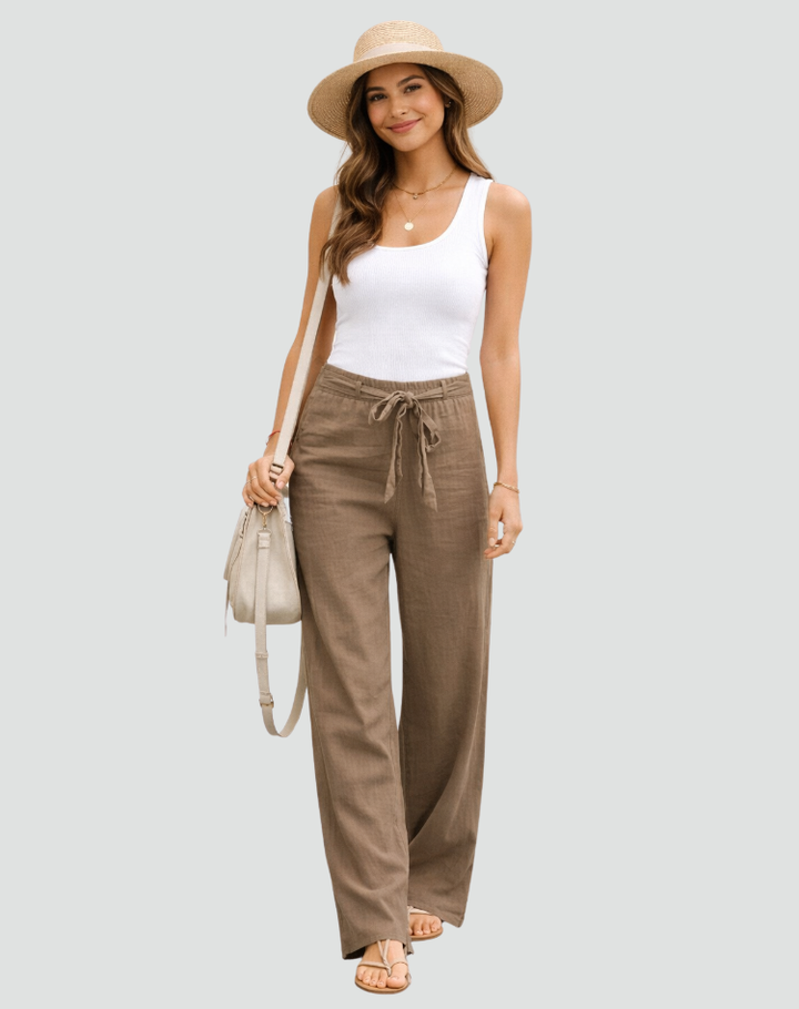 Stijlvolle dames comfortbroek met wijde pijpen en elastische taille, ideaal voor zomerse dagen.