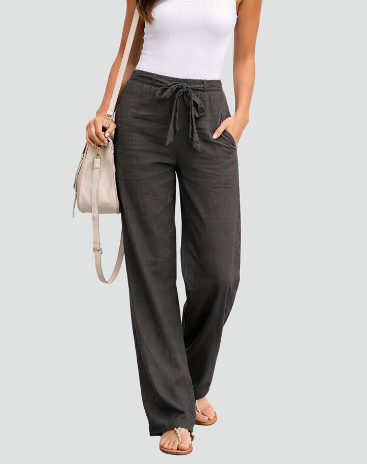 Dames broek met wijde pijpen en taillekoord. Comfortabele, elegante en modieuze zomerbroek, losse pasvorm.