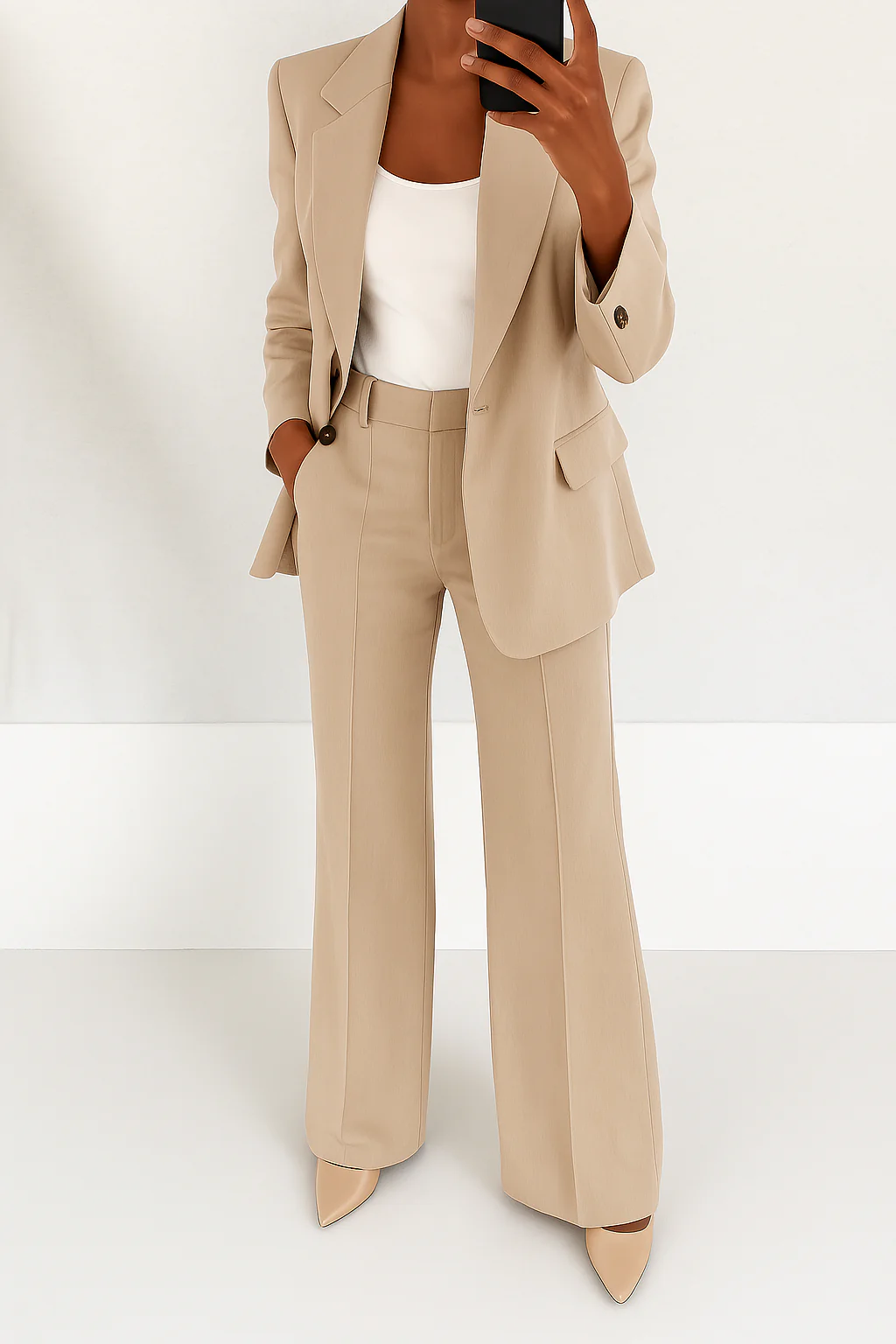 Zakelijk dames broekpak, complete set met blazer en broek met wijde pijpen voor een formele look.