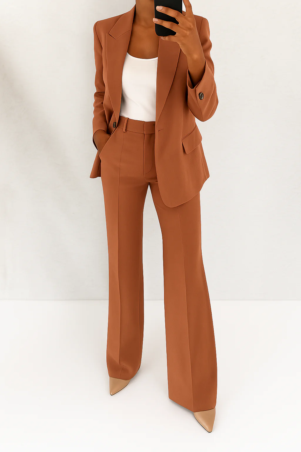 Elegante dames outfit: compleet broekpak met stijlvolle blazer en hoge taille broek met wijde pijpen.