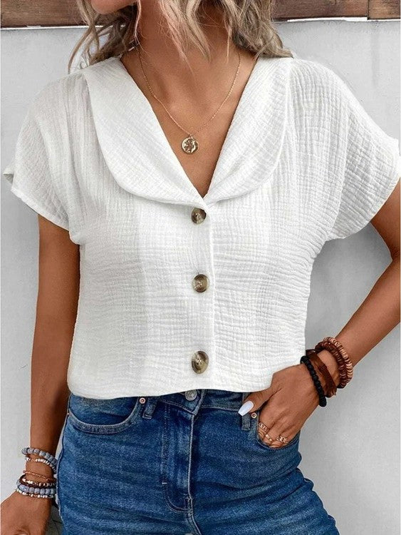 Elegante dames button-down blouse met Peter Pan kraag, perfect voor casual zomer outfits en veelzijdig.